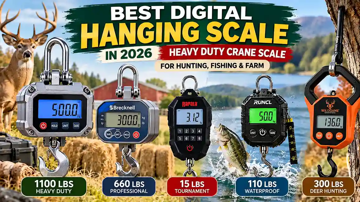 Best digital hanging scale in 2026 featuring heavy-duty crane scales, portable fish scales, and deer hunting scales for fishing, hunting, and farm use.