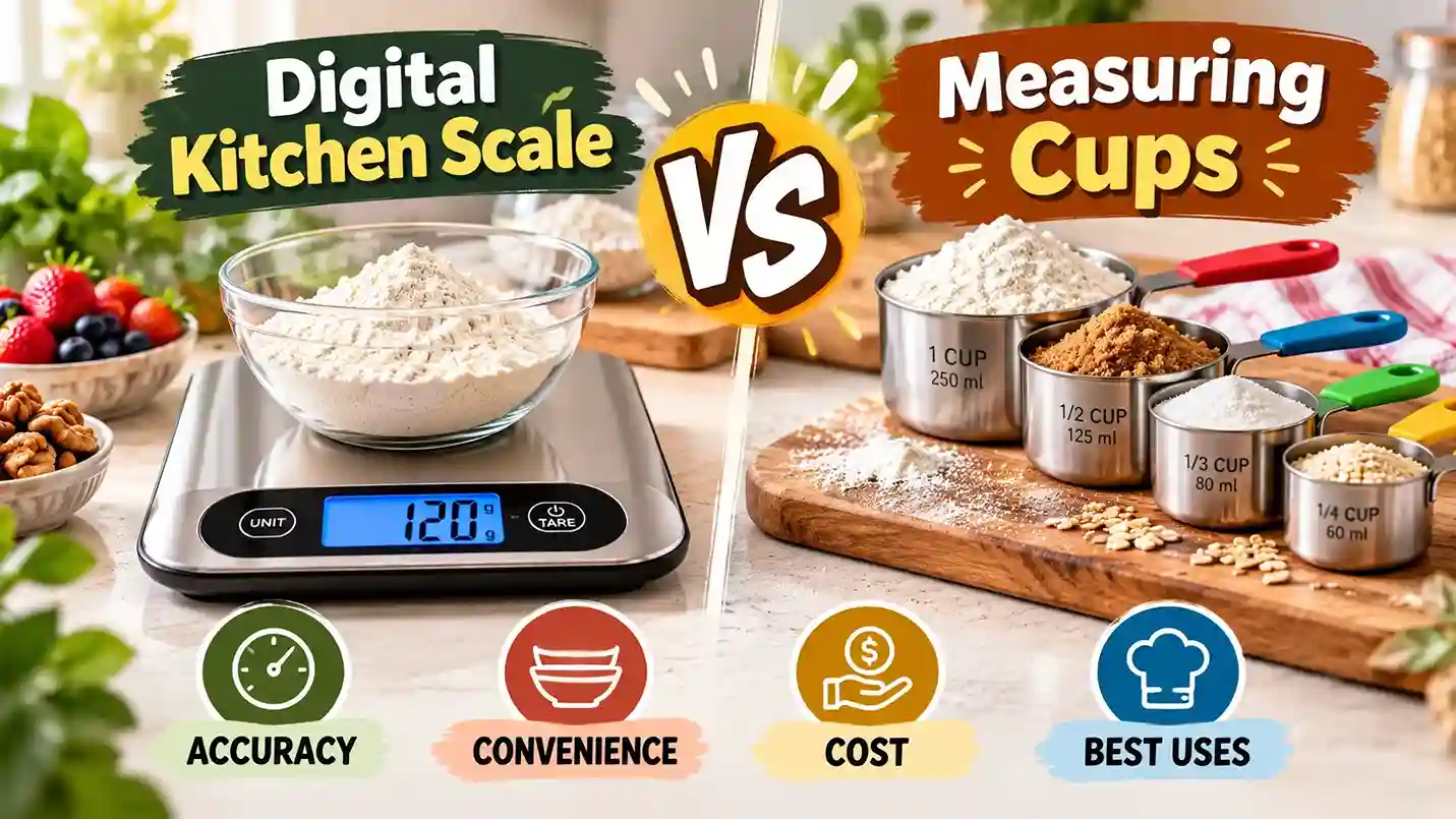 Digital kitchen scale vs measuring cups comparison showing a digital food scale weighing flour beside stainless steel measuring cups, highlighting accuracy and convenience for baking and cooking measurements.
