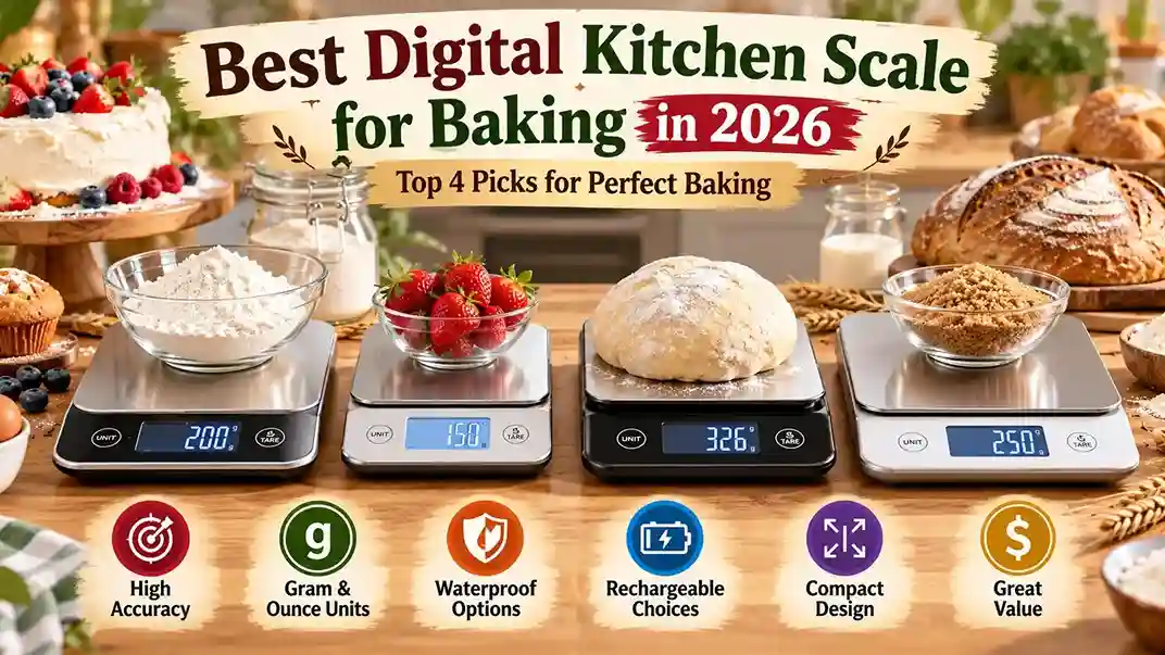 Best digital kitchen scale for baking in 2026, featuring digital food scales with gram measurements, flour, fresh dough, and baking ingredients on a kitchen countertop.