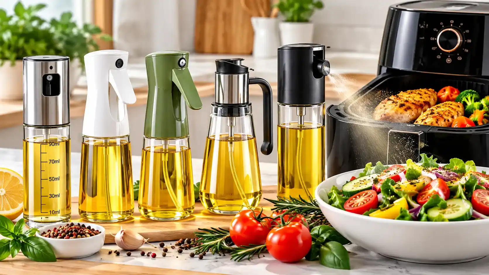 Best oil sprayer for cooking featuring five refillable oil spray bottles, a black air fryer, fresh salad, and vegetables in a modern kitchen.