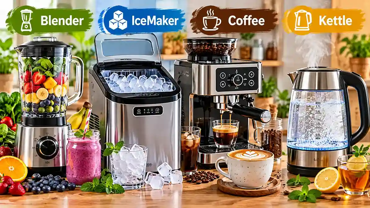 Best easy to clean kitchen gadgets 2026 self cleaning Vitamix Blender Frigidaire IceMaker Cuisinart Coffee Maker and electric Kettle on modern kitchen counter, Vitamix 5200 self cleaning blender 64 oz professional grade easy to clean kitchen gadgets for smoothies soups best blender for easy cleaning 2026, Frigidaire 26 lbs portable ice maker stainless steel easy to clean kitchen gadgets compact ice maker with drain plug fast bullet ice machine, Cuisinart DCC-3200 programmable 14 cup coffee maker easy to clean kitchen gadgets with adjustable carafe temp and auto clean best coffee maker, Amazon Basics electric kettle 1.7 liter glass carafe