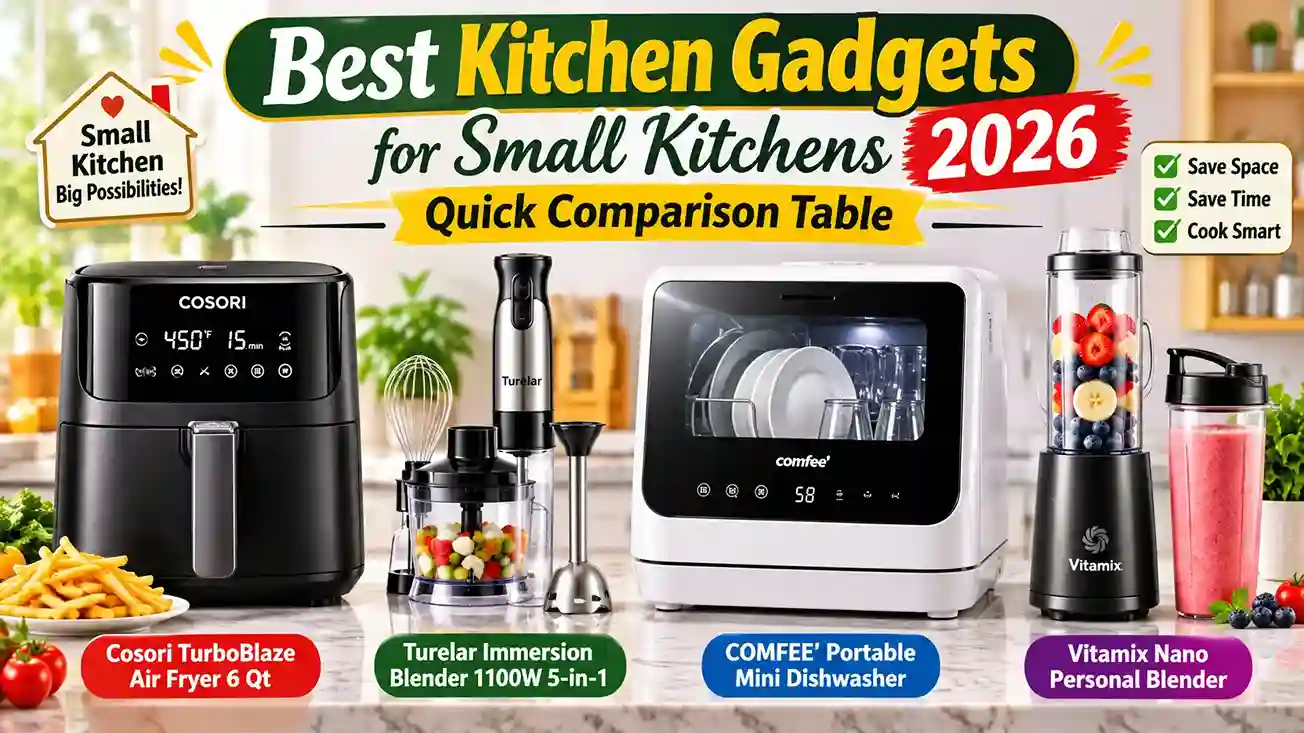 Best kitchen gadgets for small kitchens including Compact Air Fryer Mini Food Processor Countertop Dishwasher and Portable Blender on small kitchen counter, Best kitchen gadgets for small kitchens 2026 Cosori Compact Air Fryer Turelar Mini Food Processor immersion blender COMFEE Countertop Dishwasher no hookup and Vitamix Portable Blender arranged on modern small apartment kitchen countertop, best-kitchen-gadgets-for-small-kitchens-2026-compact-air-fryer-countertop-dishwasher