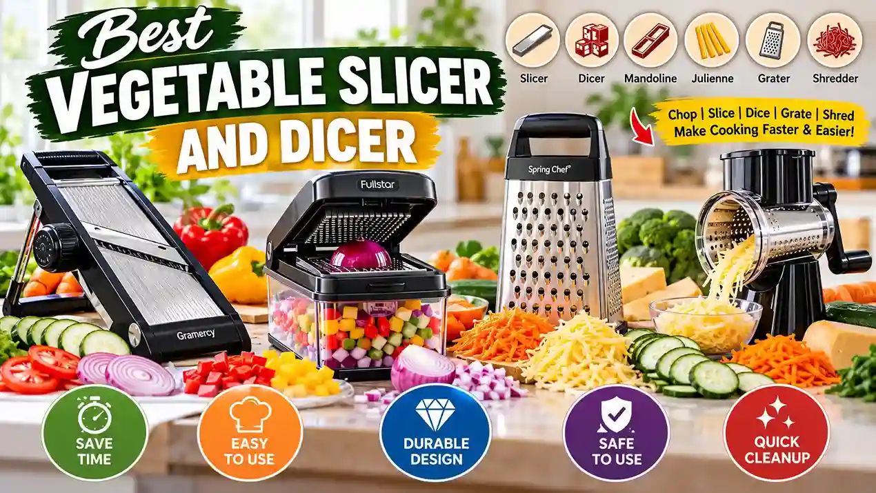 Best vegetable slicer and dicer tools featuring a Gramercy mandoline slicer, Fullstar vegetable chopper, Spring Chef box grater, and Cambom rotary cheese shredder for fast and easy kitchen food preparation.