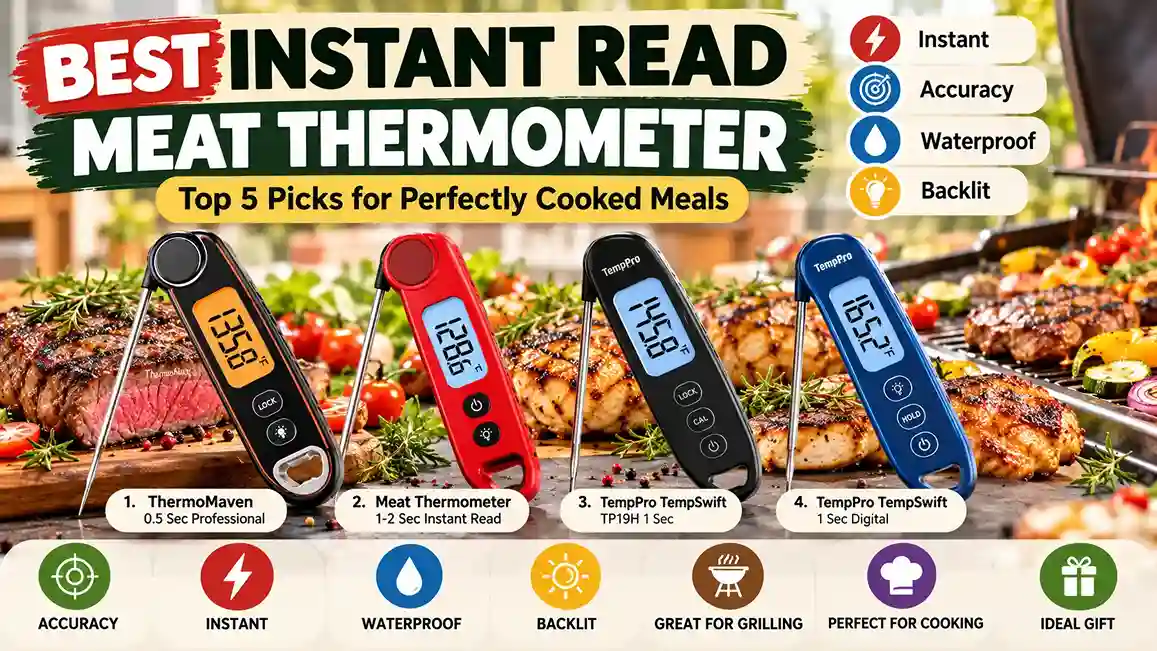 Best instant read meat thermometer comparison featuring digital thermometers with fast readings, accuracy, waterproof design, and backlit displays for grilling and cooking.