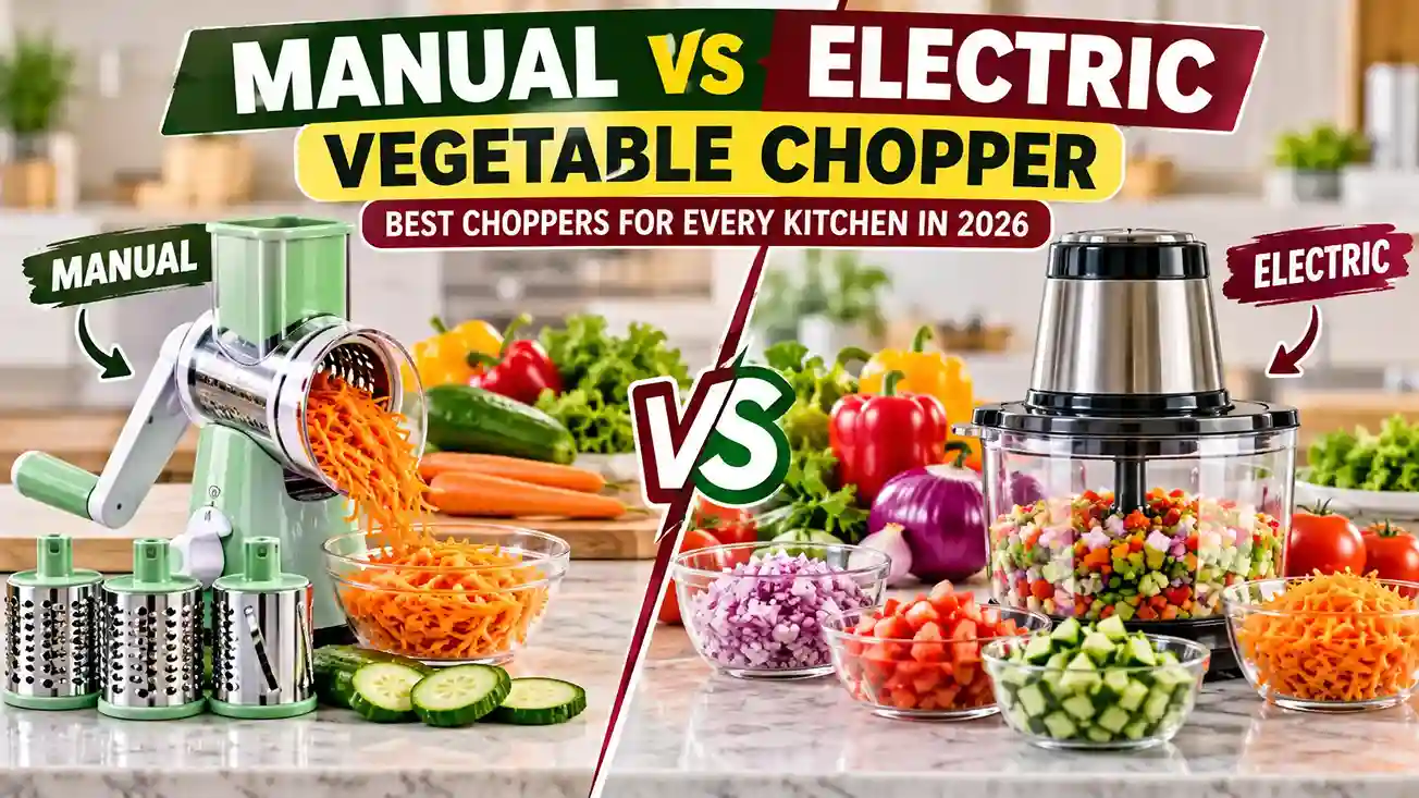 Manual vs electric vegetable chopper comparison showing a hand-crank vegetable slicer and an electric food processor for home kitchen food preparation.