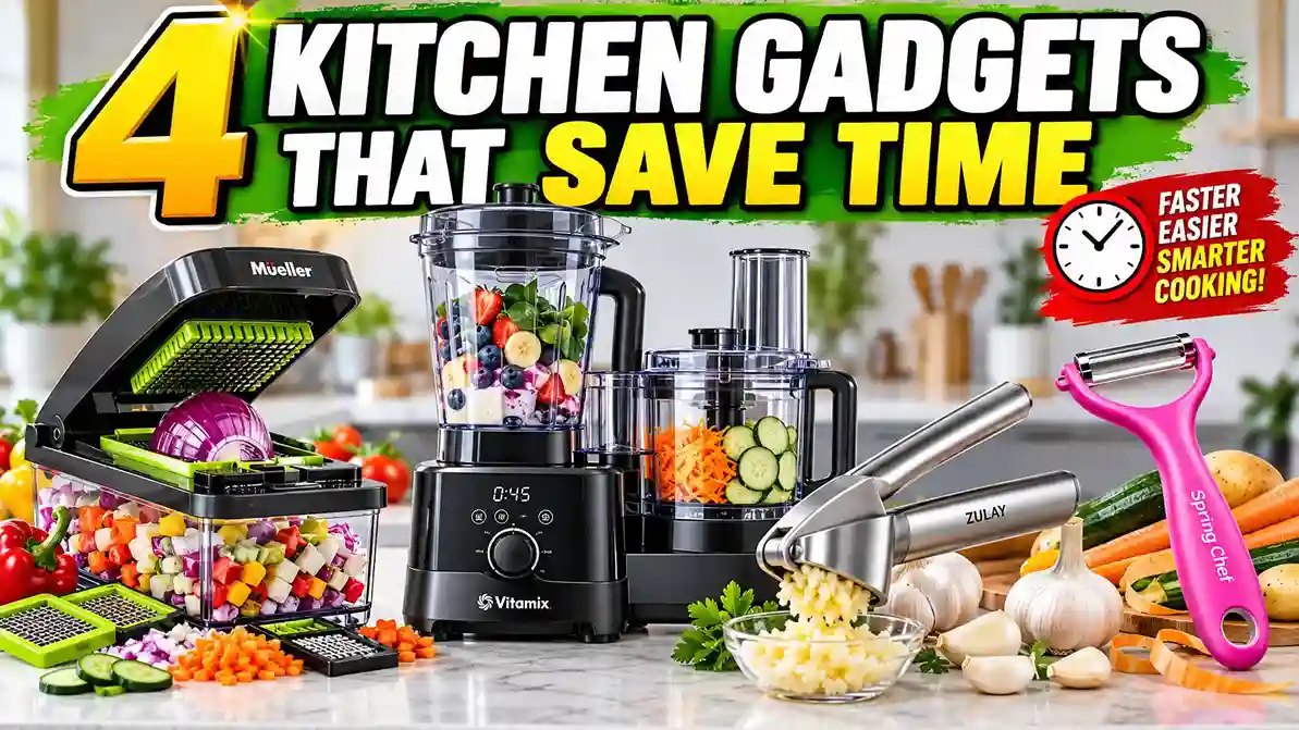 kitchen gadgets that save time, including a Mueller vegetable chopper, Vitamix blender and food processor, Zulay stainless steel garlic press, and pink Spring Chef vegetable peeler on a bright kitchen countertop.