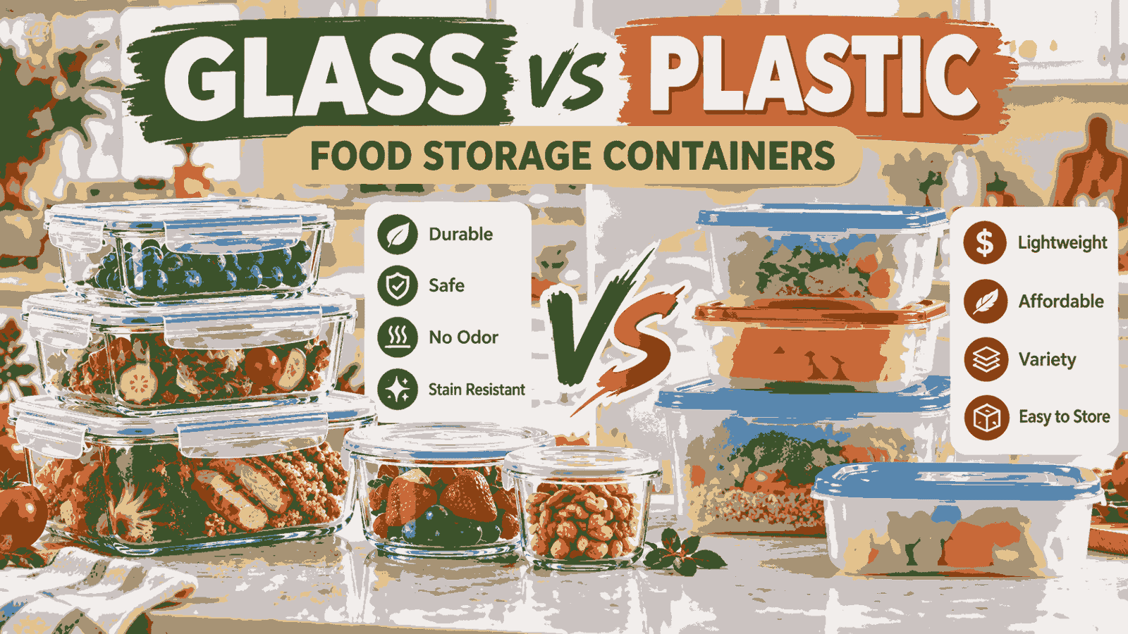 Glass vs plastic food storage containers comparison featuring airtight glass meal prep containers and lightweight plastic containers for kitchen food storage.