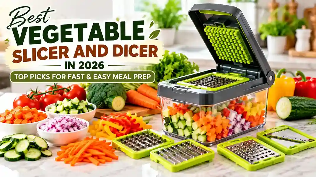 Multi-function vegetable slicer and dicer with interchangeable blades, colorful chopped carrots, cucumbers, bell peppers, and onions on a kitchen countertop.