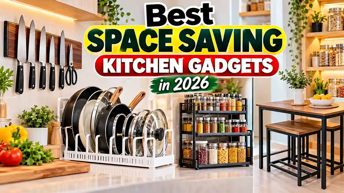 Best space saving kitchen gadgets in 2026, featuring organized pots and pans, a wall-mounted magnetic knife strip, a tiered pantry organizer, and a compact dining set for small kitchens and apartments.