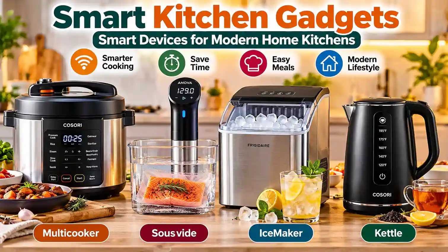 Image Alt Text: Smart Kitchen Gadgets for Modern Home Kitchens featuring a COSORI 9-in-1 multicooker, Anova Wi-Fi sous vide precision cooker, Frigidaire portable ice maker, and COSORI temperature-control electric kettle.