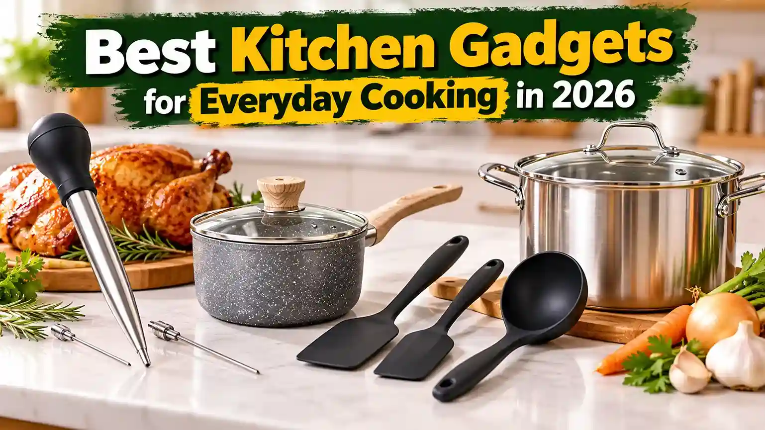 Best kitchen gadgets for everyday cooking in 2026 featuring a turkey baster, nonstick saucepan, silicone utensils, and stainless steel stockpot.