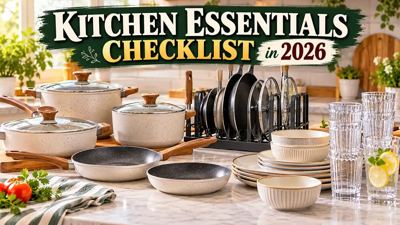 Kitchen essentials checklist for 2026 featuring cookware, organized pots and pans, dinnerware, and stackable drinking glasses.